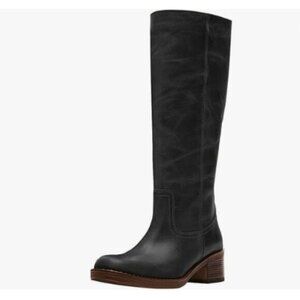 FOWT Women Platform Round Toe Calf High Boots Chunky Block Low Heel Black Boots